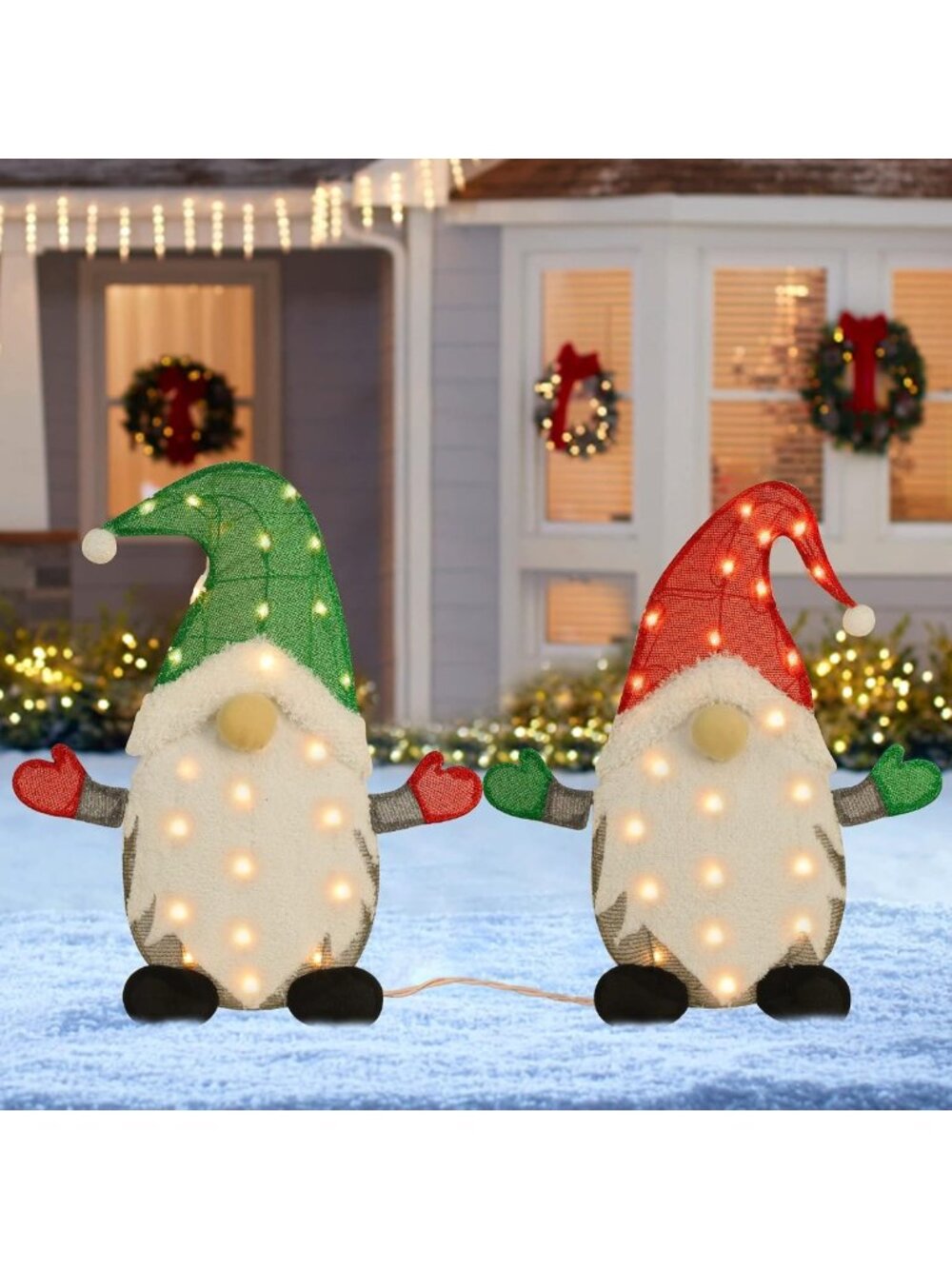 Set of 2 Lighted Christmas Tinsel Gnomes - 24" Pre-Lit Holiday Yard Decor